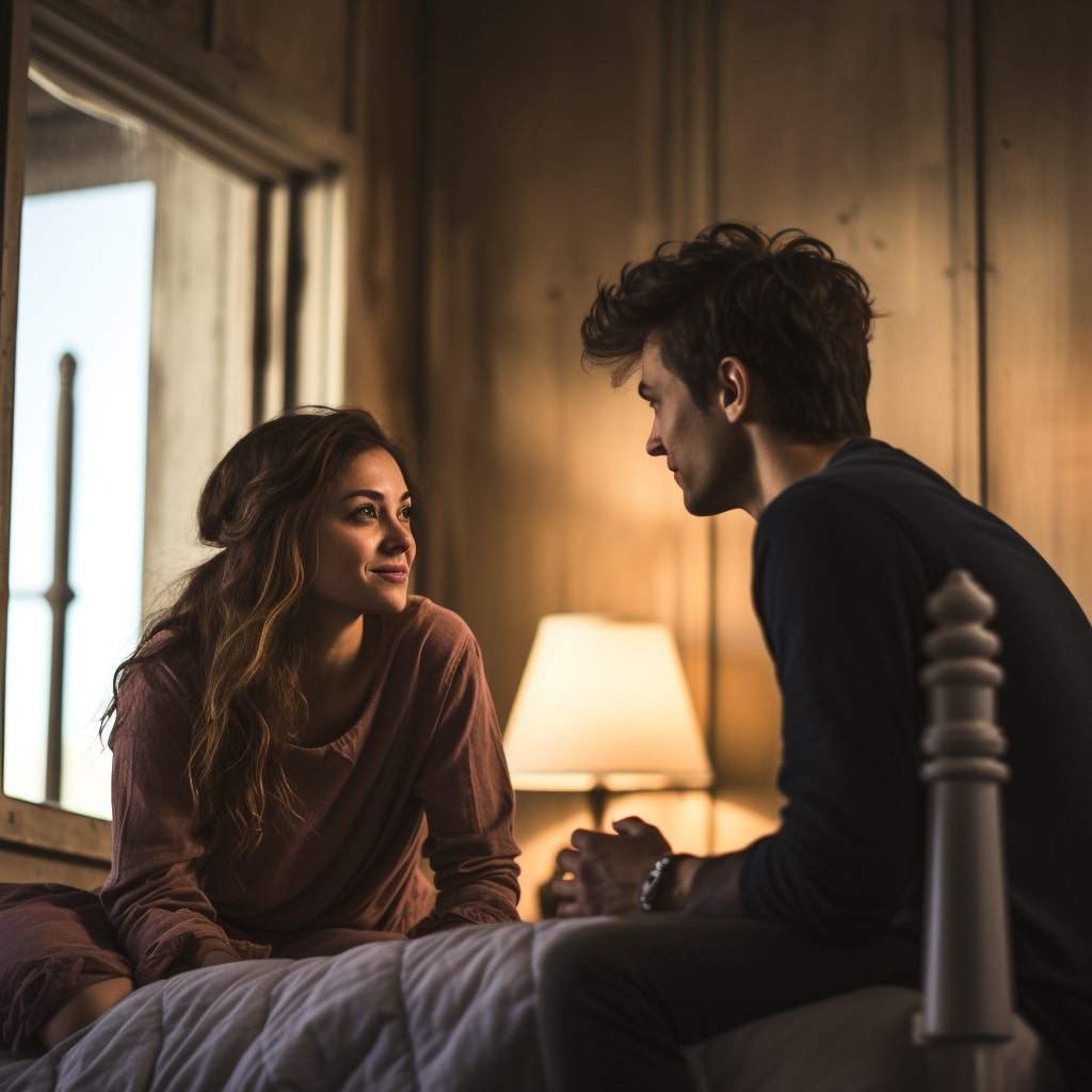 A couple talking on a bed A couple on a bed, talking.