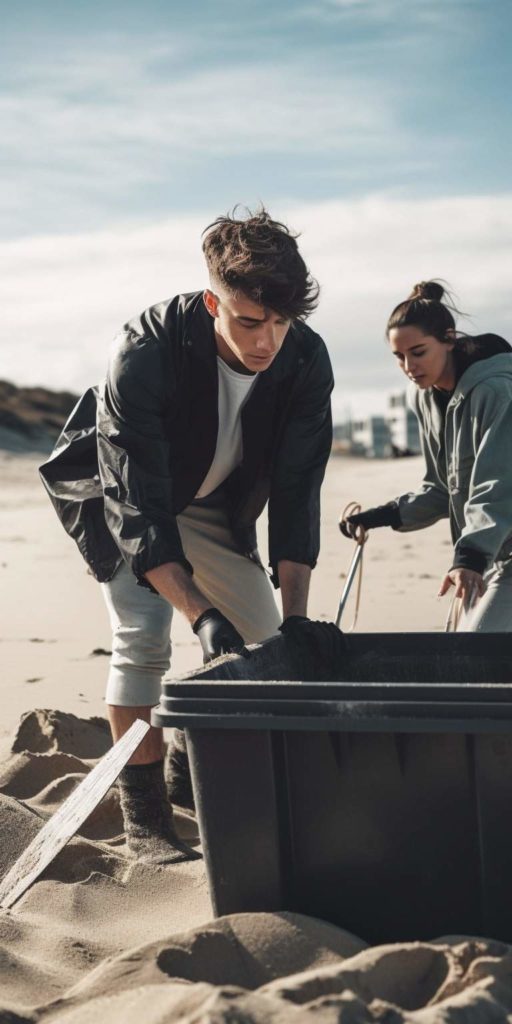 Volunteering at the beach a young man and woman cleaning up garbage at the beach