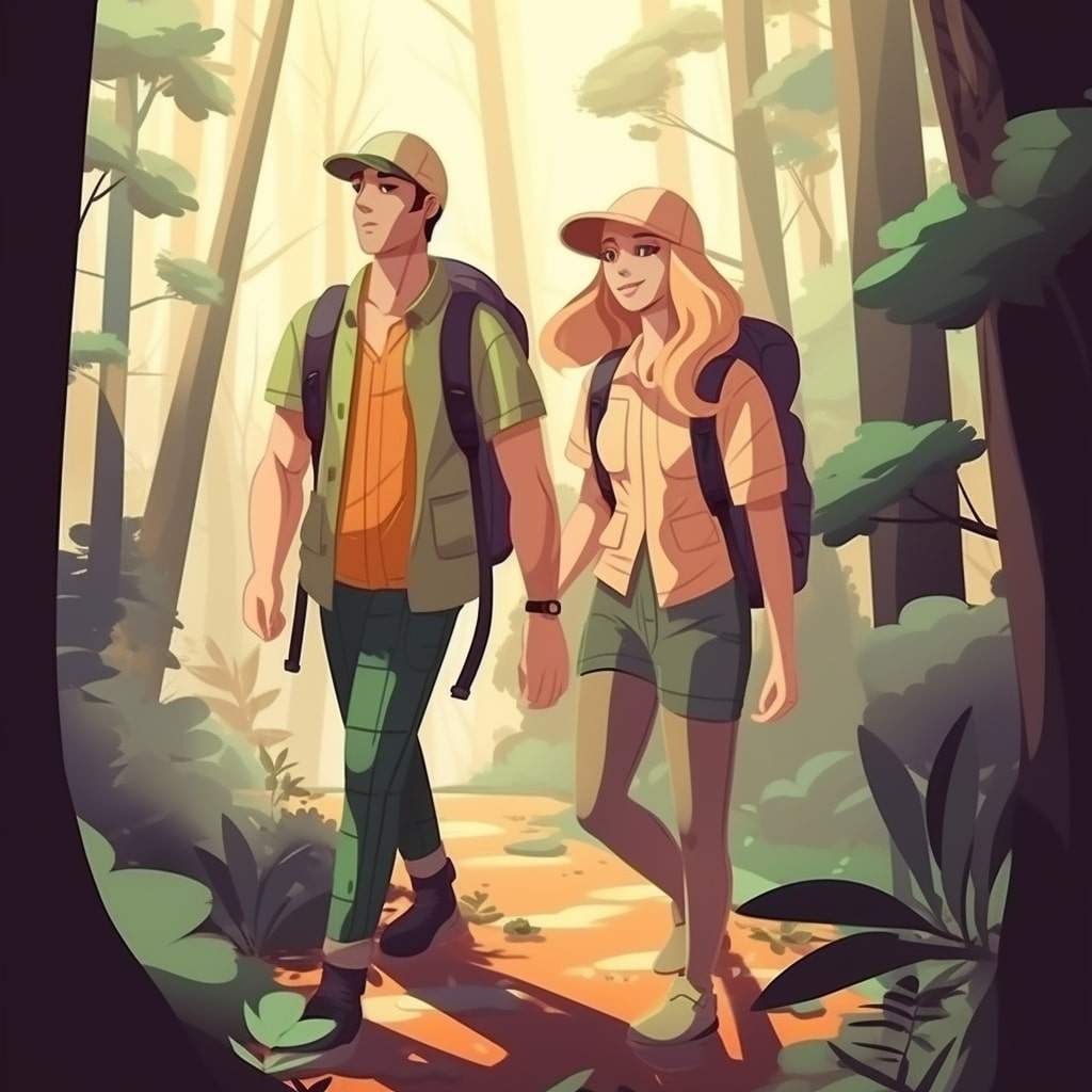 couple in park cartoon style image of a couple going for a hike