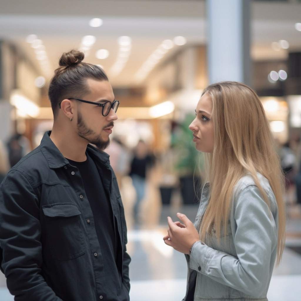 guy talking to a young girl A young man talking to a young woman in a mall