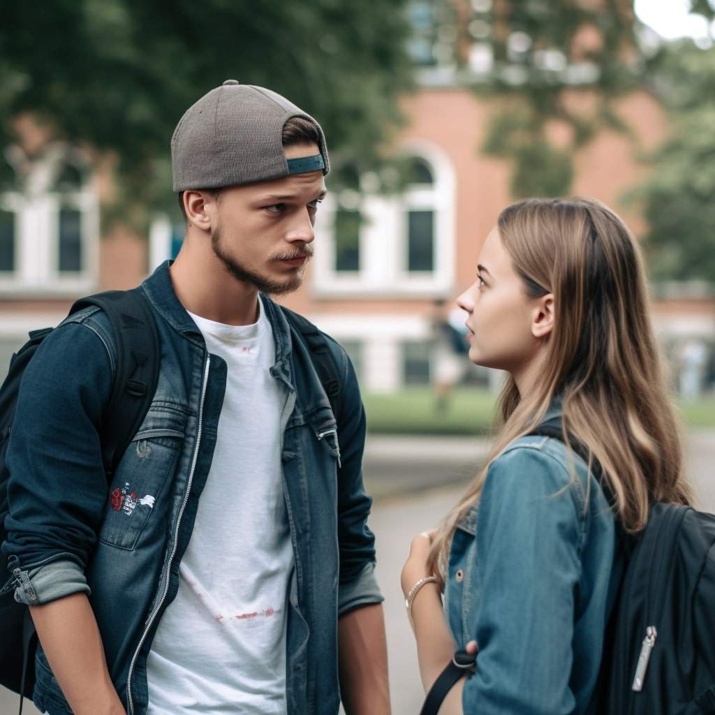two people talking a guy approaching a girl at a college
