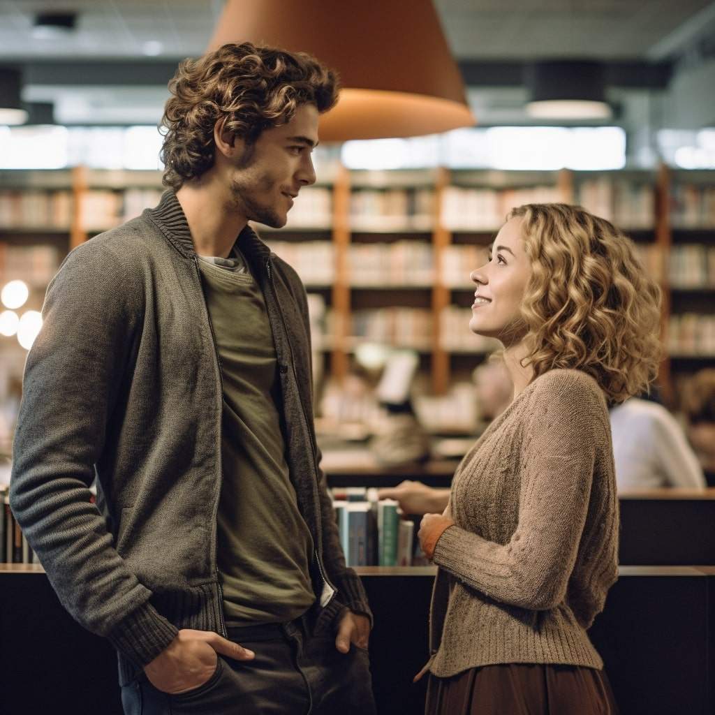Approaching at library A man talking to a girl inside a library
