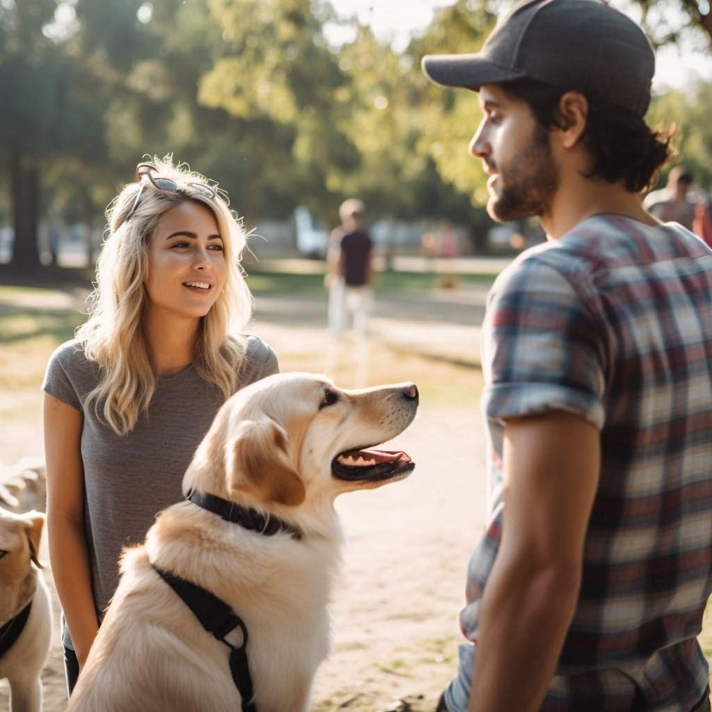Dog park Two young people talking at a dog park.