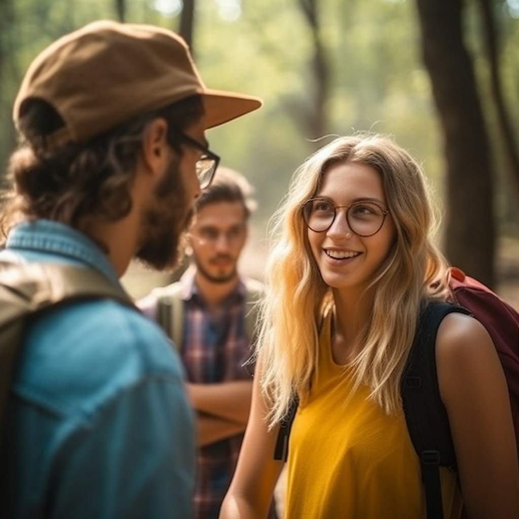Hiking young people talking during during group hike