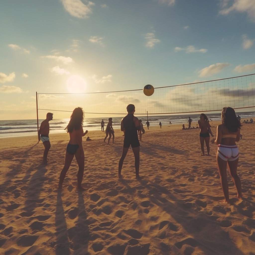 beach volleyball a group of people playing volleyball at the beach