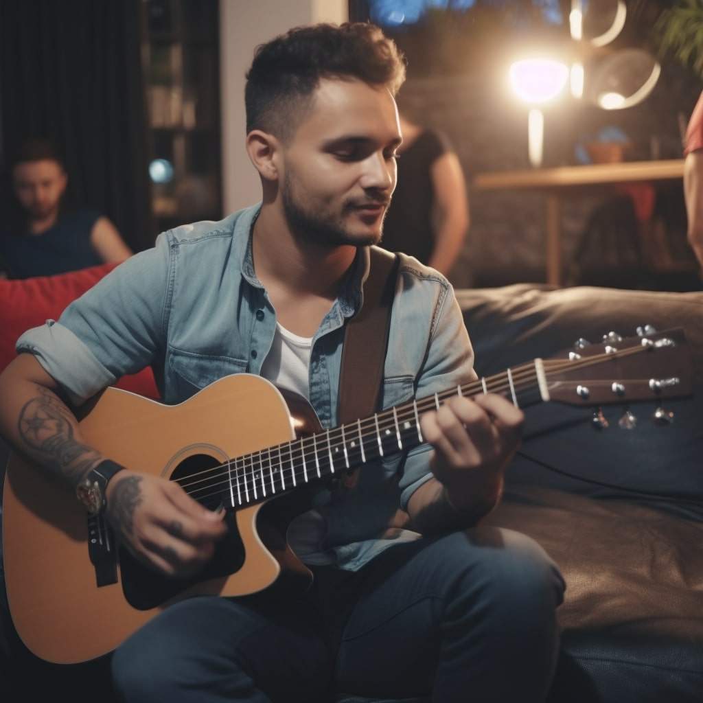 guitar player a guy playing guitar on a couch at a party