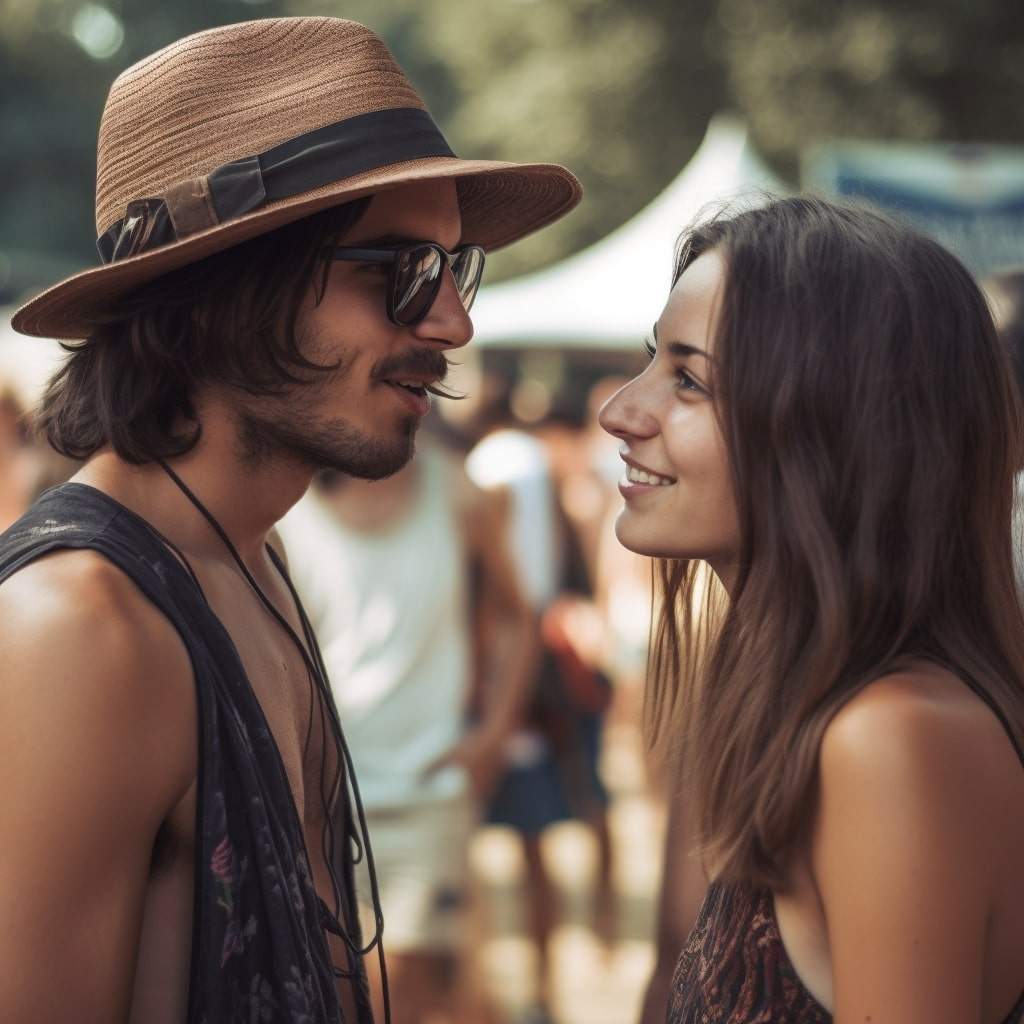 music festical couple Two young people talking at a music festival.