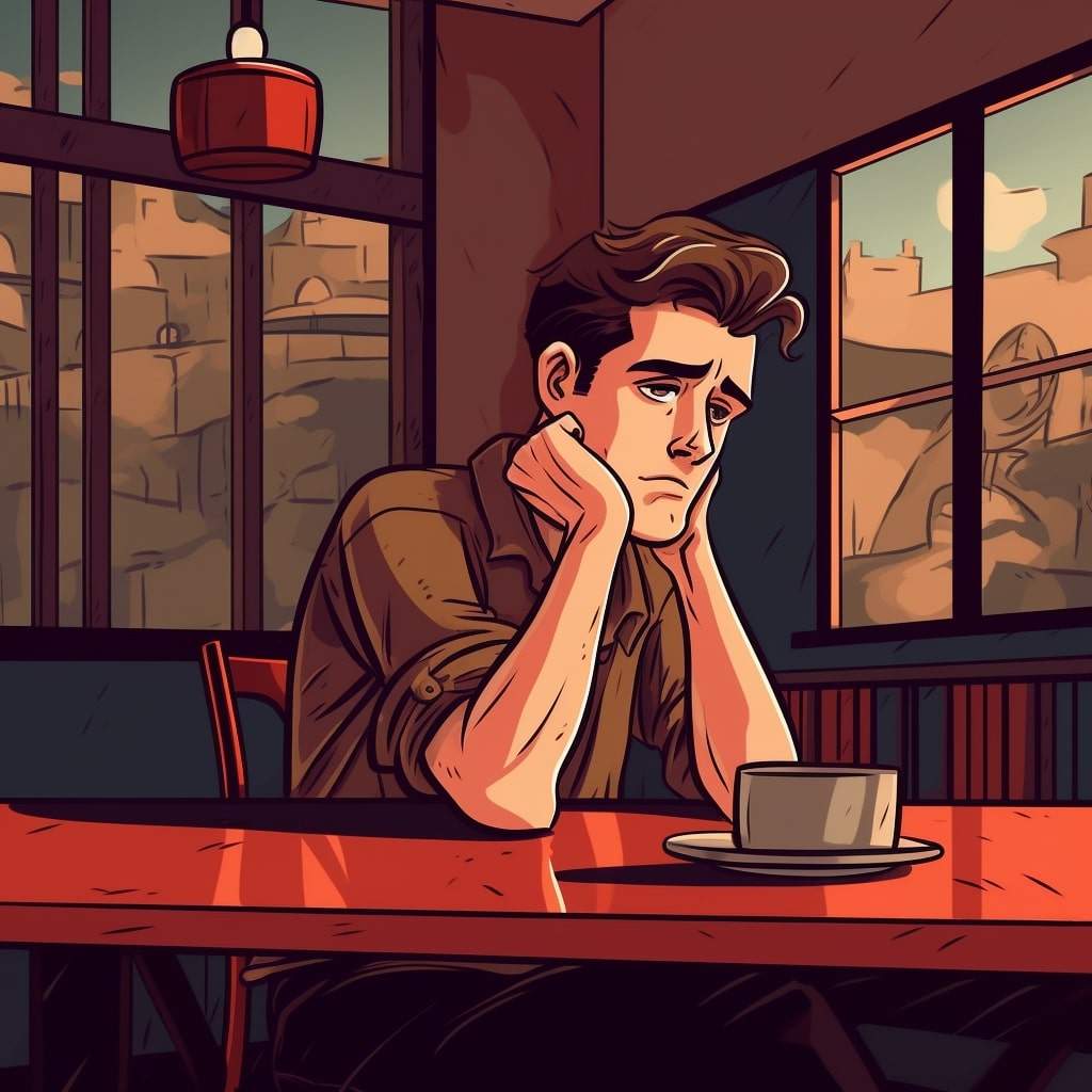 Dating Failure A cartoon style image of a man at a table sad about his dating life.