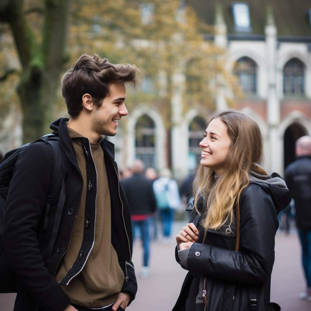 Indirect Approach Build Rapport A man using an indirect approach to talk to a girl at school.