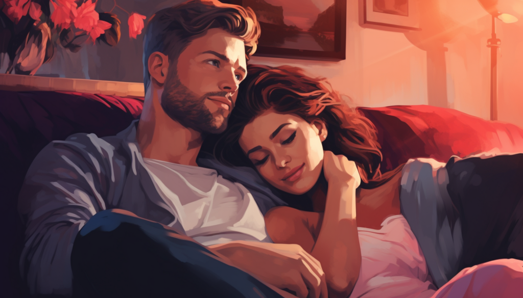 hanging out Illustration of a young couple hanging out on a couch.