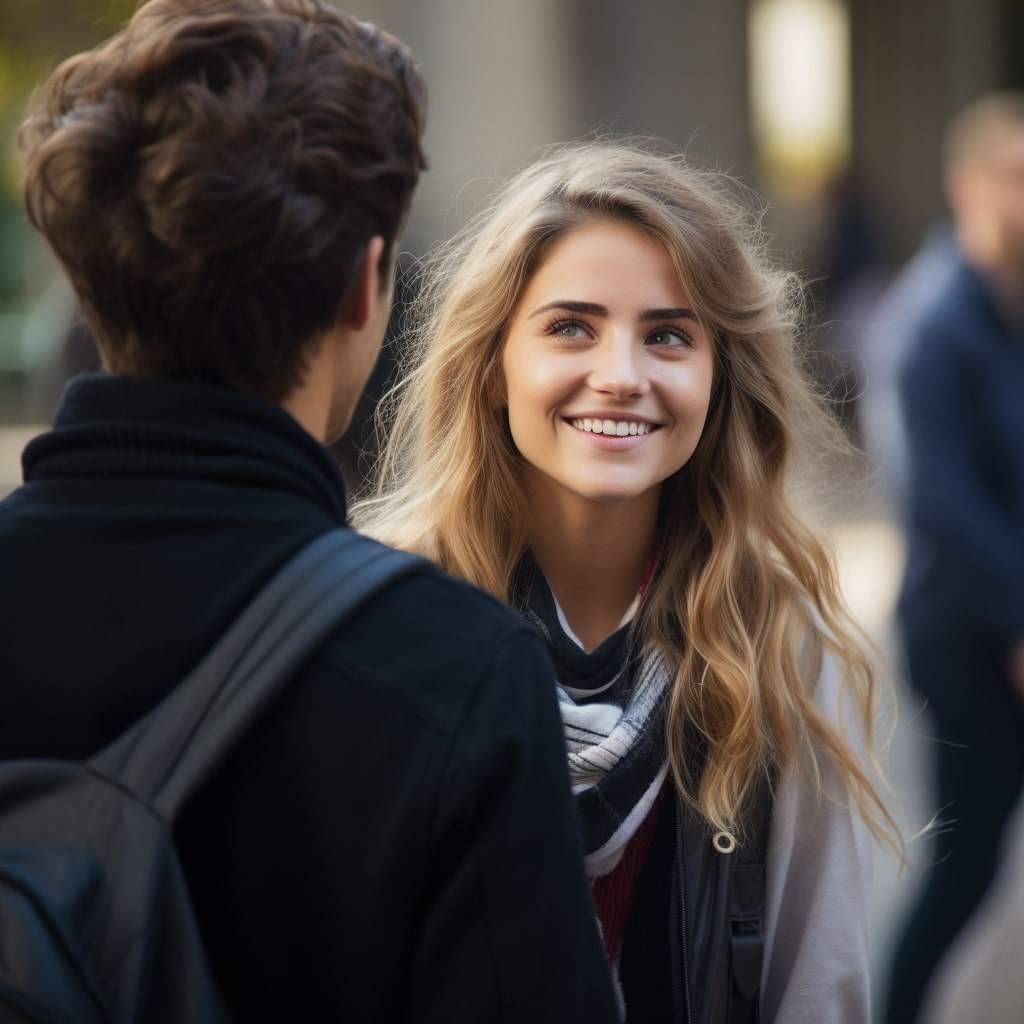 A girl asking for a guys number An young man and woman talking outside a campus.