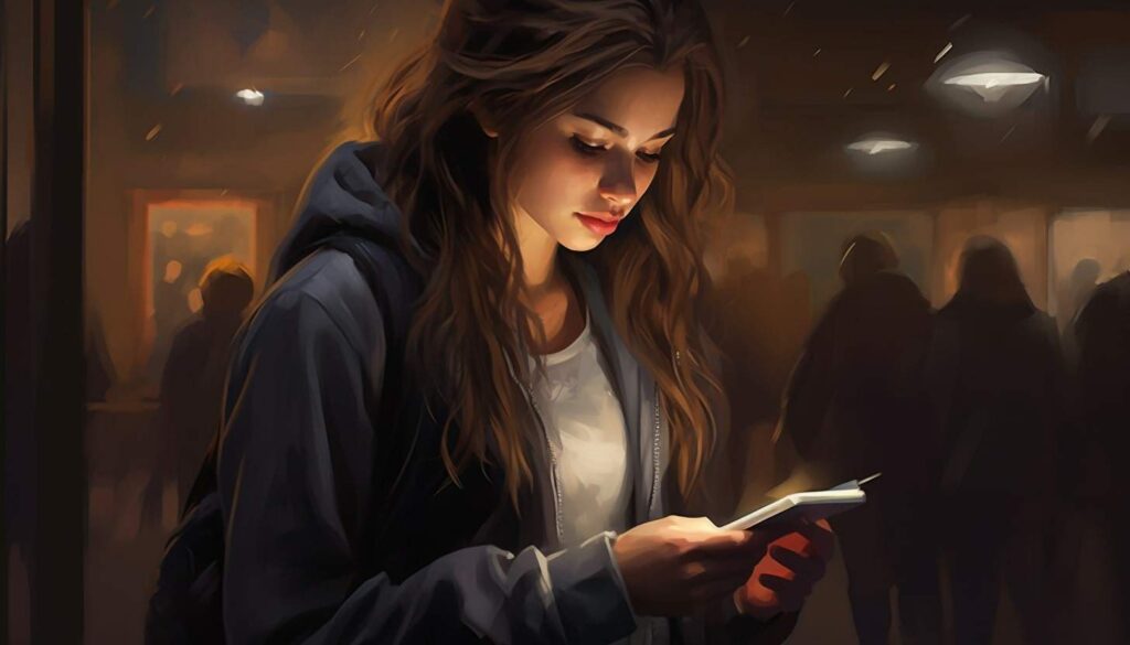 Brunette texting An illustration of a girl texting a boy.