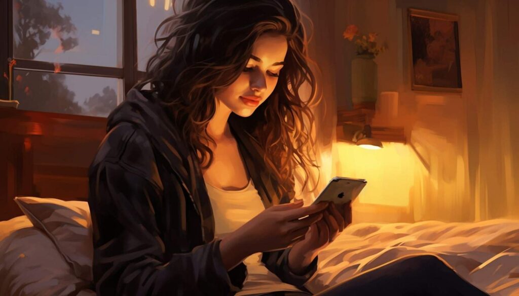 Girl texting in her bedroom A close-up illustration of agirl texting a guy in her bedroom.