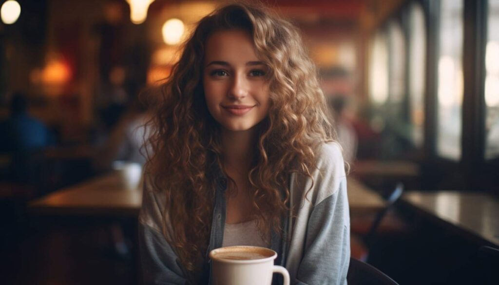 Girl sitting in a cafe A photo of a woman in a cafe.
