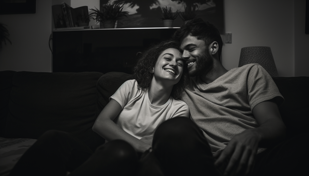A couple spending time together A young hanging out together on a couch.