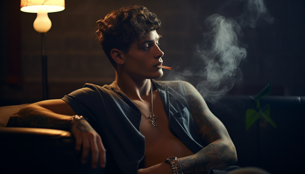 Acting like a player A player on a couch smoking.
