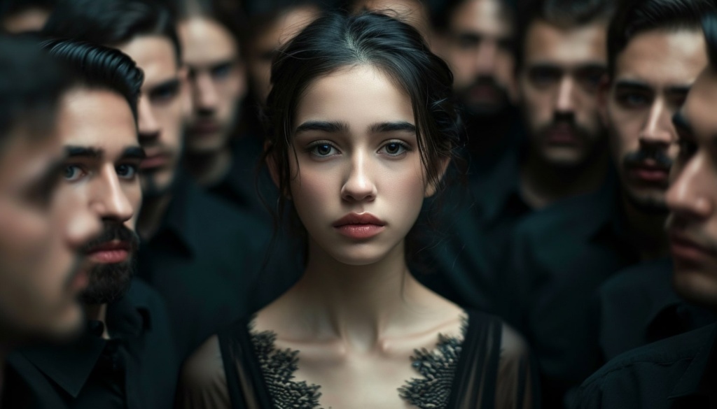 Her past makes me sick Photo representing a young woman surrounded by men.